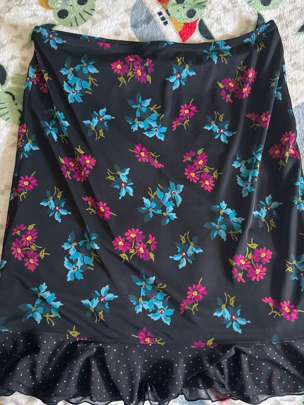 Vintage Y2K Express Black Floral Mesh Midi Skirt with Polka Dot Ruffle Hem